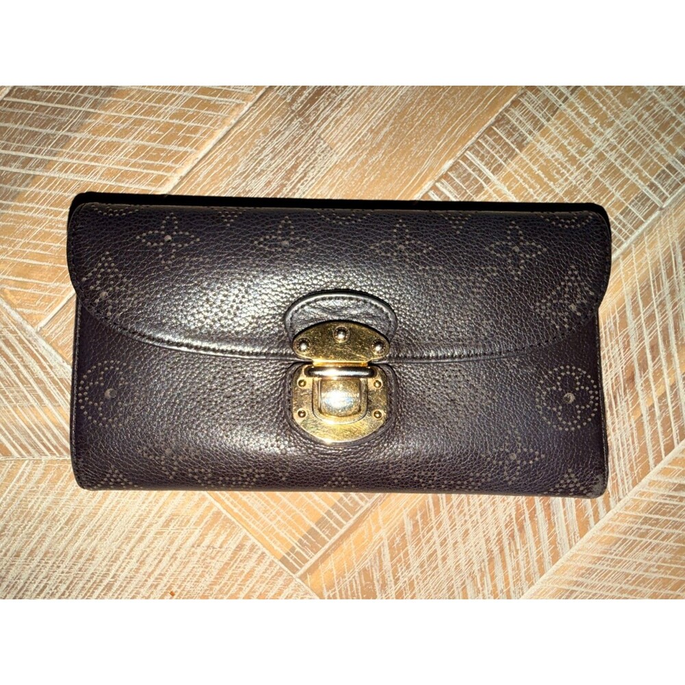 Authentic Louis Vuitton LV Mahina Brown Leather Trifold Wallet Gold Hardware
